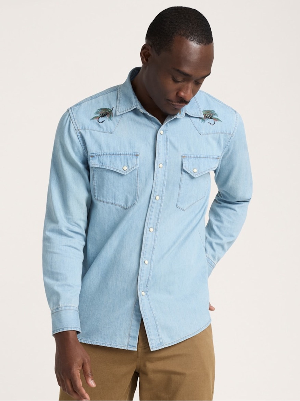 NWT Pendleton Men’s Salmon Embroidered Denim Western Shirt Snap Pearl Button M